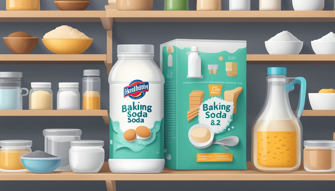 A box of baking soda sits on a clean, organized pantry shelf, surrounded by other baking ingredients and kitchen supplies