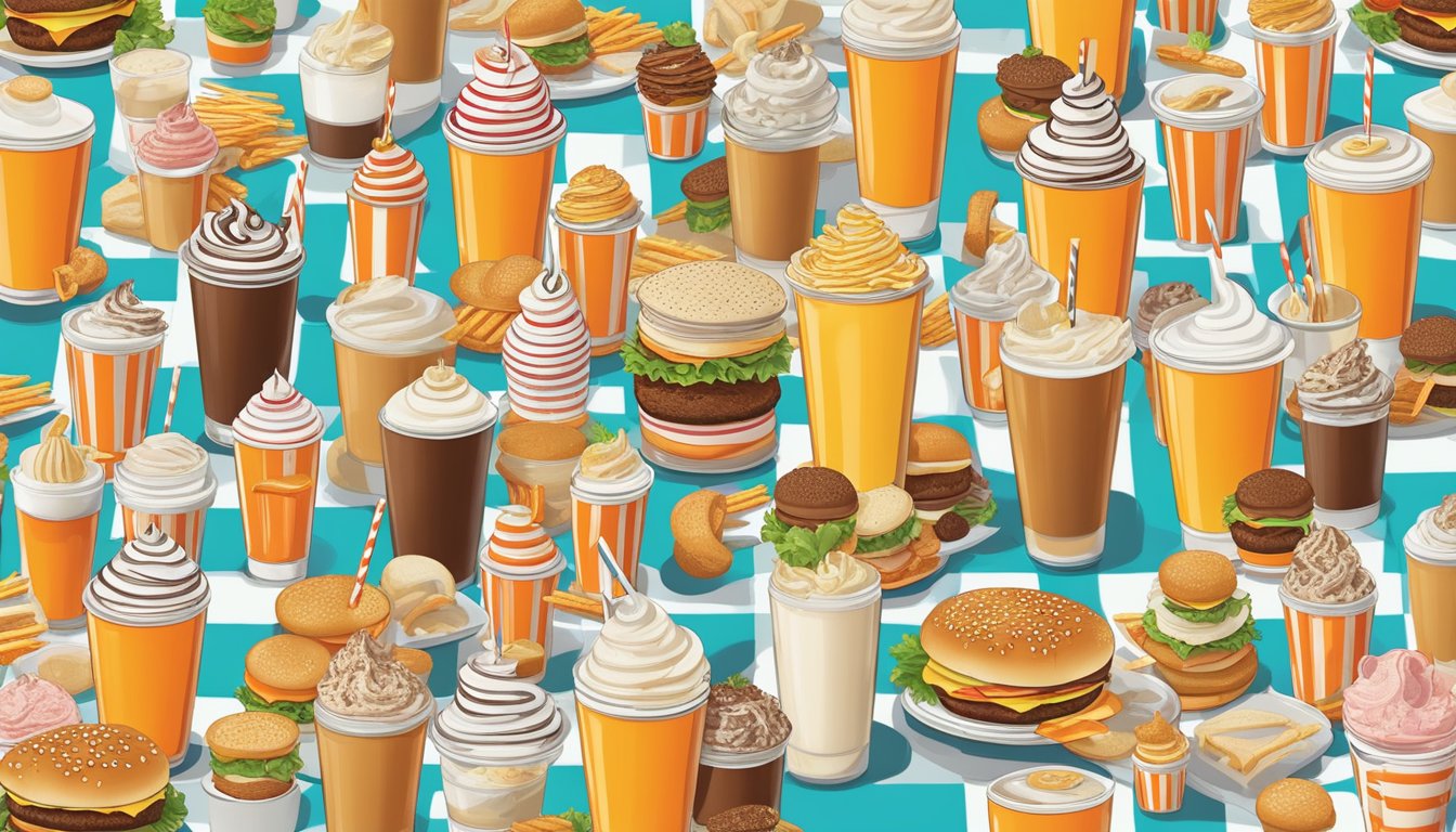 A colorful array of Whataburger milkshakes surrounded by complementing foods like burgers, fries, and onion rings on a checkered tablecloth