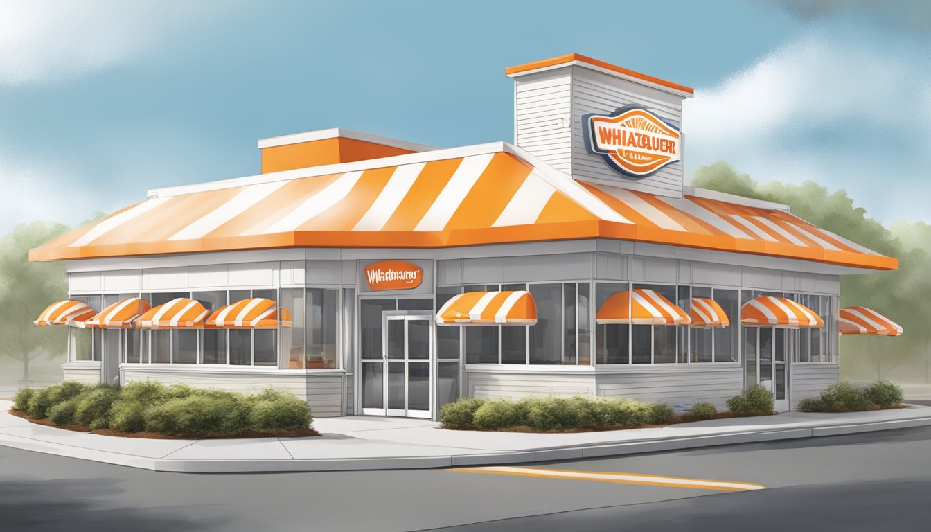 A Whataburger restaurant in Columbia, South Carolina, with a drive-thru, outdoor seating, and the iconic orange and white striped building