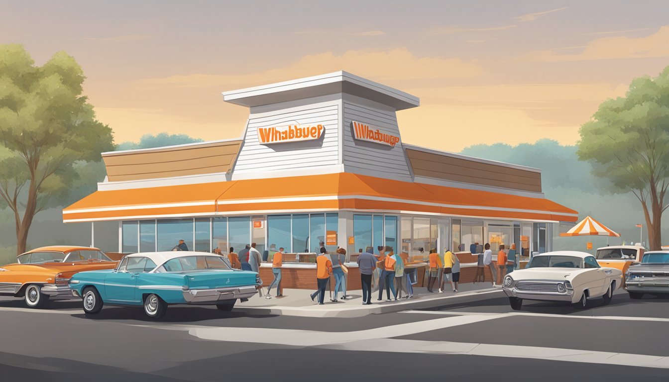 A bustling Whataburger restaurant in North Carolina, with customers dining inside and cars lined up at the drive-thru