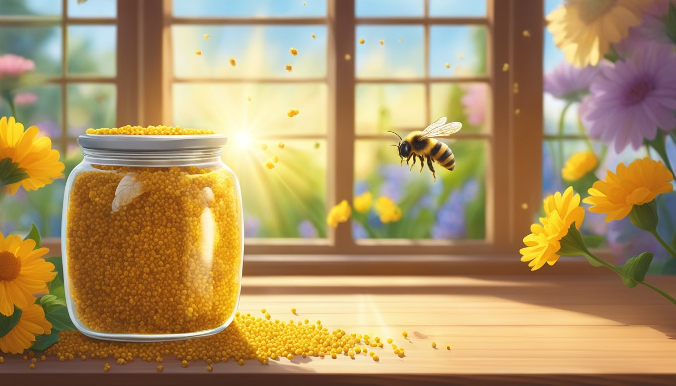 A jar of bee pollen sits on a wooden table, surrounded by colorful flowers and buzzing bees. The sunlight streams in through a nearby window, casting a warm glow over the scene