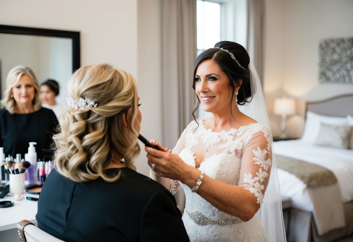 The mother of the bride helps with hair and makeup as the bride gets ready for the big day