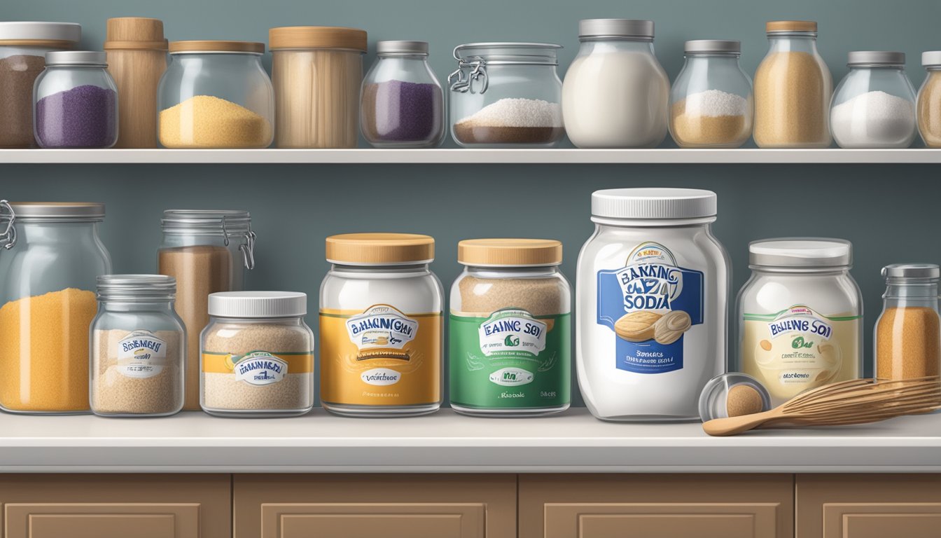 A jar of baking soda sits on a kitchen shelf, surrounded by various baking ingredients and utensils. The expiration date on the label is visible