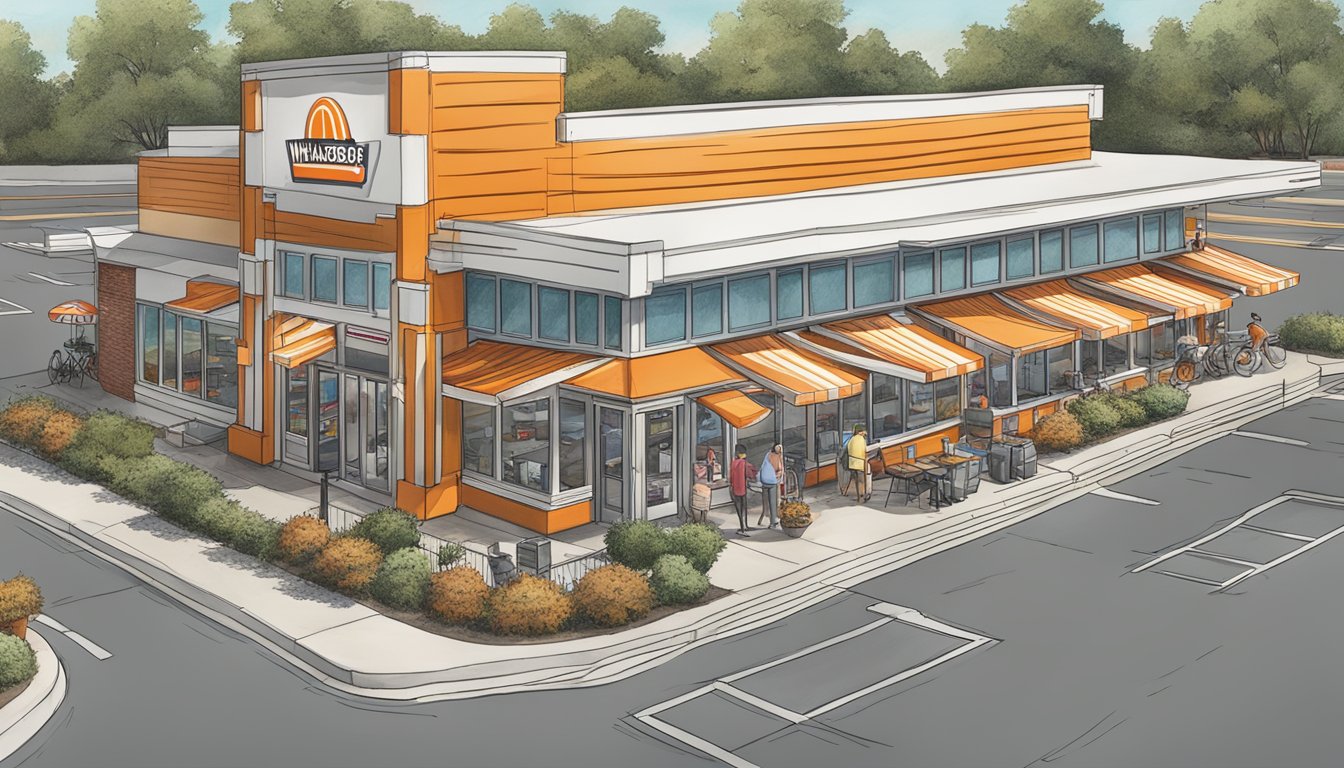 A bustling Whataburger restaurant in North Carolina, surrounded by a busy parking lot and a mix of commercial and residential buildings