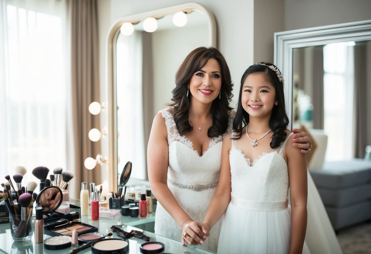 A mother and daughter stand together in front of a mirror, surrounded by makeup, hair accessories, and a wedding dress
