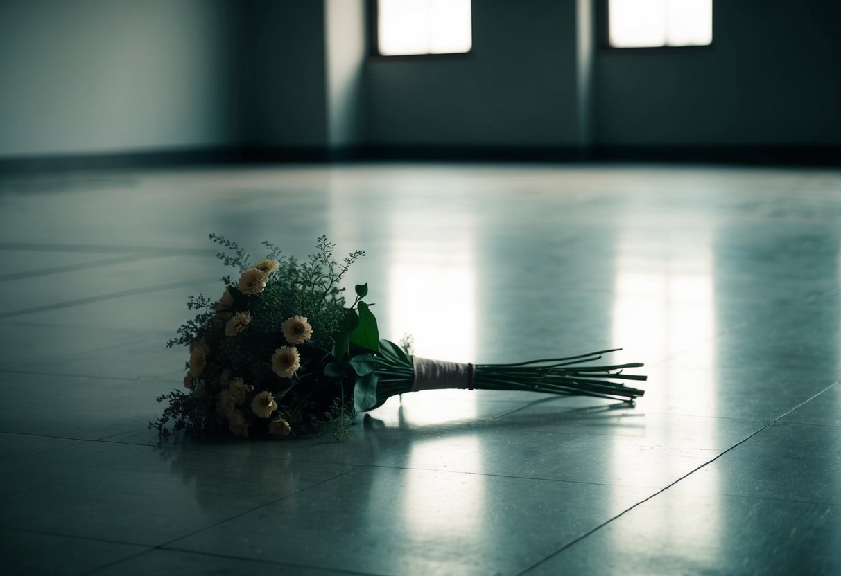 A lone bouquet of wilted flowers lies abandoned on the empty dance floor, a forgotten symbol of love now tinged with a sense of unease