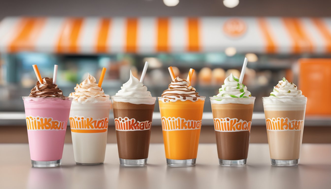 A row of colorful milkshakes arranged on a counter, with Whataburger's logo prominently displayed. Competitors' logos are shown in the background