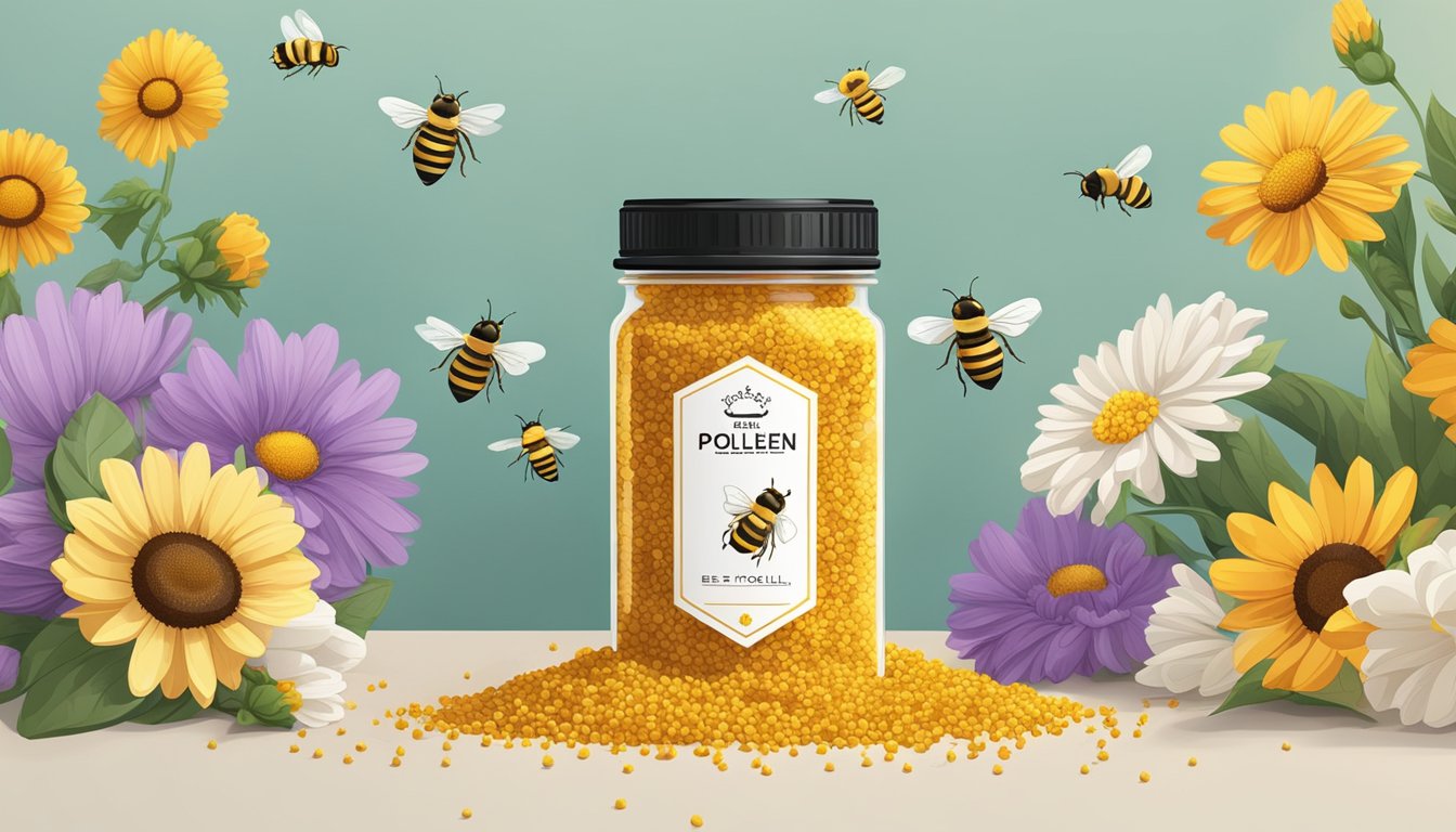 A jar of bee pollen sitting on a kitchen counter, surrounded by fresh flowers and a buzzing bee. The pollen is vibrant and appears to be of high quality