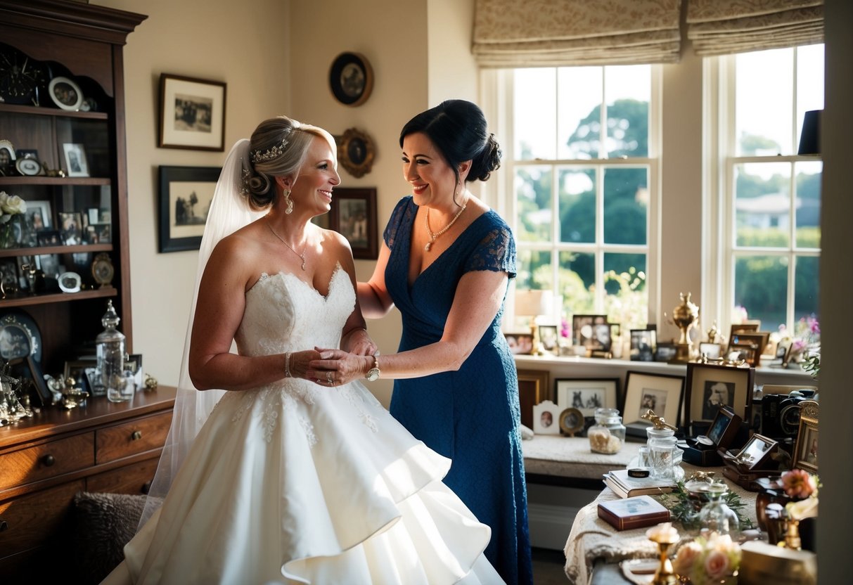 The mother and bride prepare together in a cozy, sunlit room filled with family heirlooms and cherished mementos