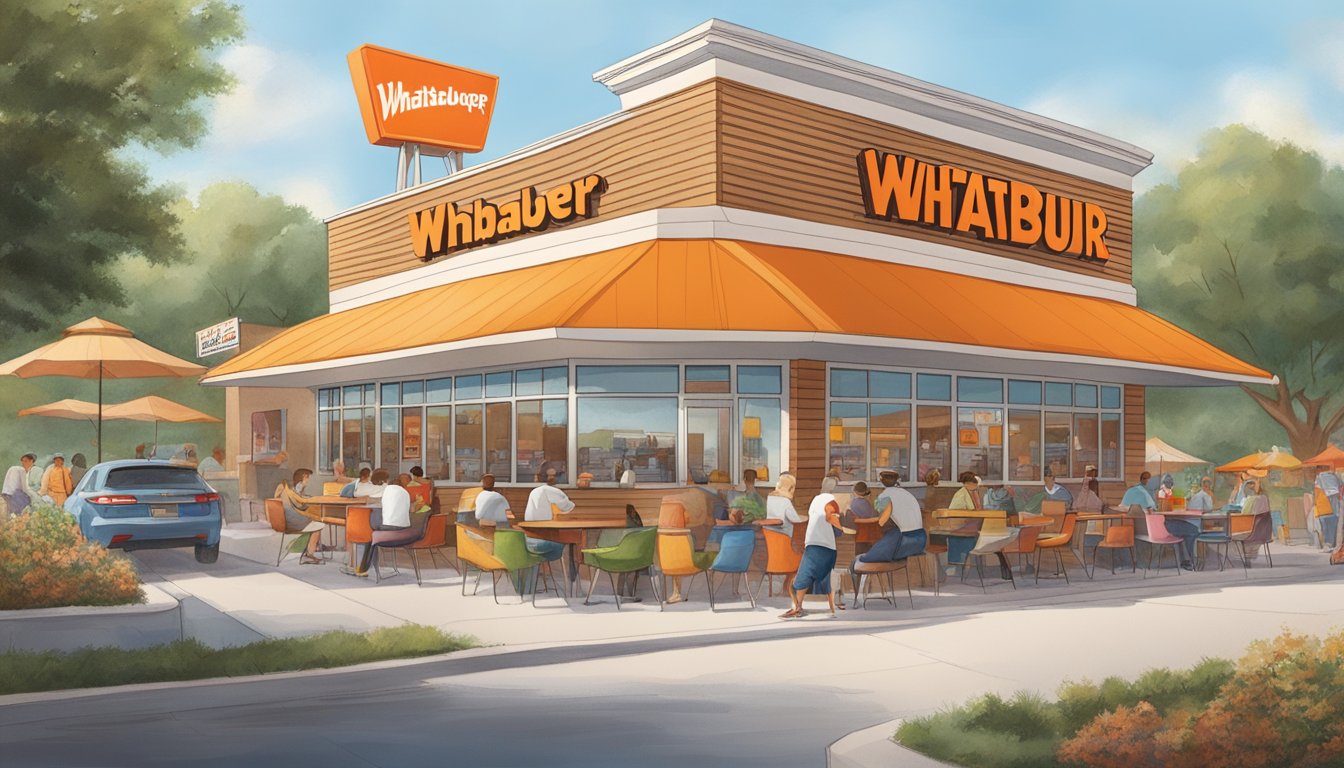 A bustling Whataburger in North Carolina, surrounded by a diverse local community, with families, friends, and individuals enjoying their meals and socializing