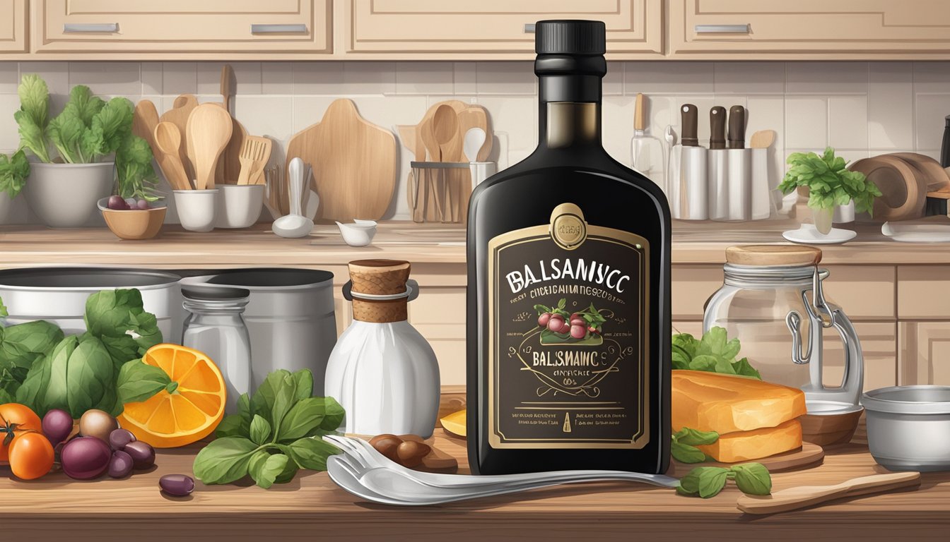 A bottle of balsamic vinegar sits on a kitchen countertop, surrounded by various ingredients and cooking utensils. The label on the bottle indicates the expiration date