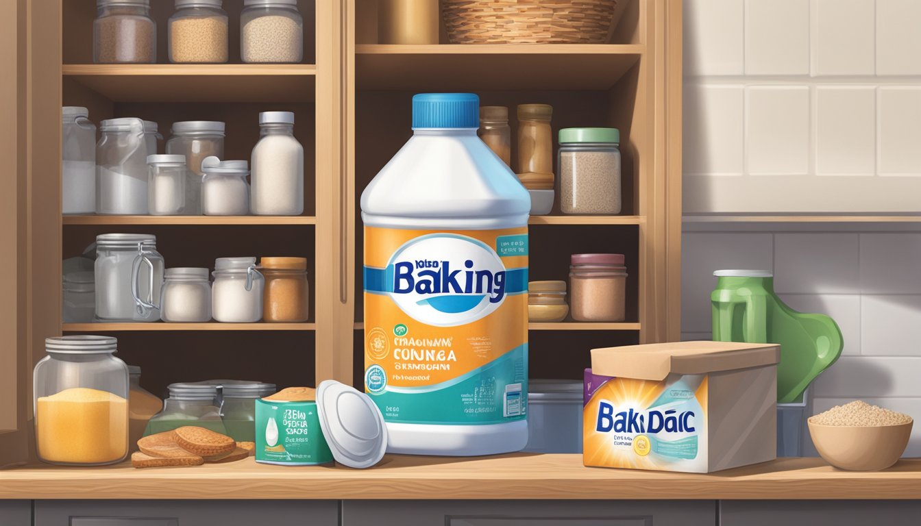 A box of baking soda sits open on a kitchen shelf, surrounded by other pantry items. Its contents appear slightly clumped and discolored