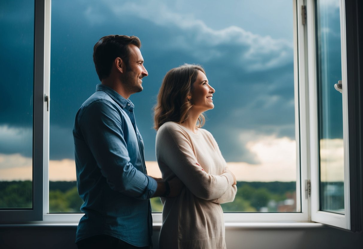 A couple standing by a window, looking out at a stormy sky with a mix of happiness and uncertainty on their faces
