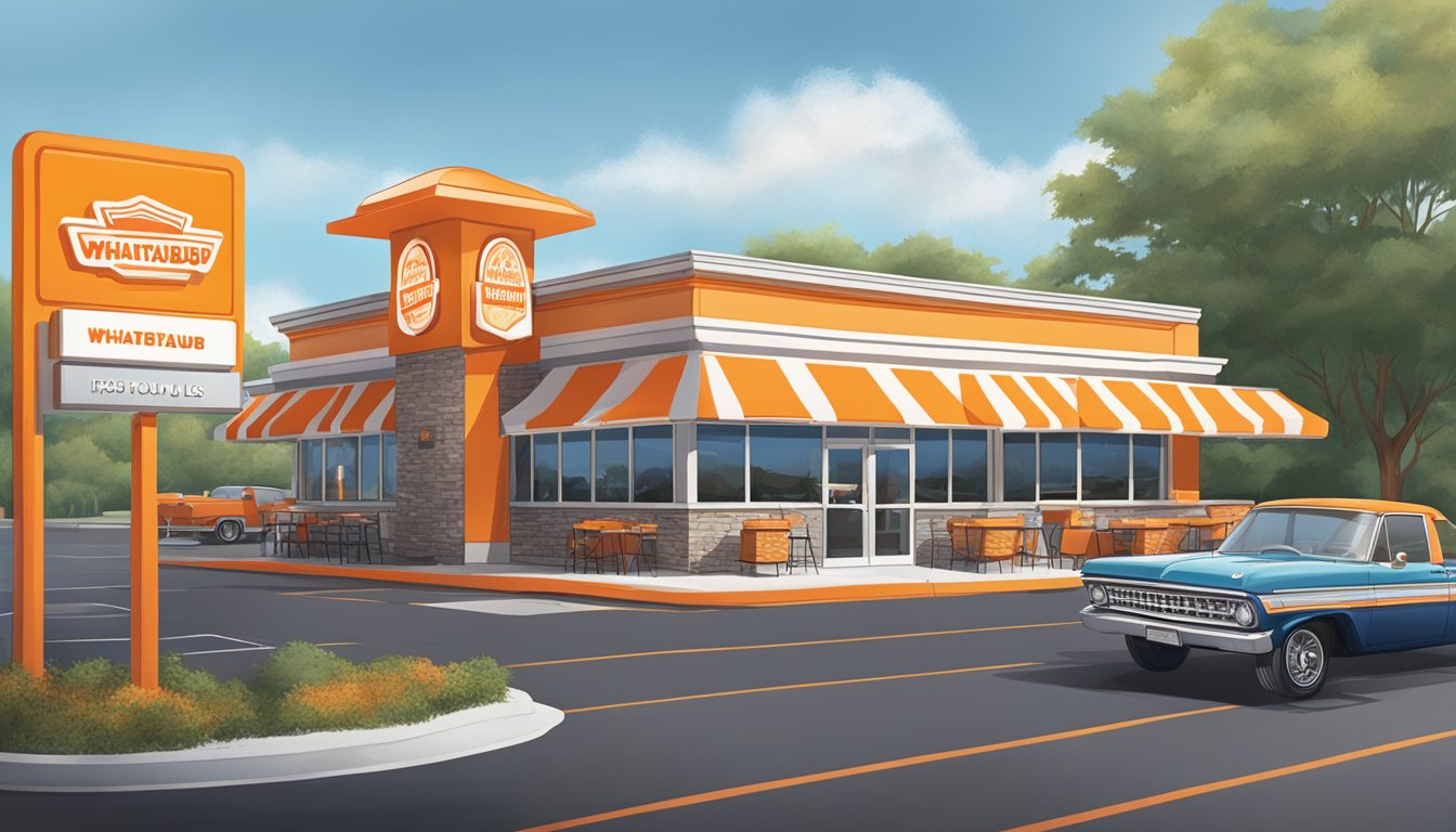 A bustling Whataburger restaurant in North Carolina with a drive-thru, outdoor seating, and a neon sign