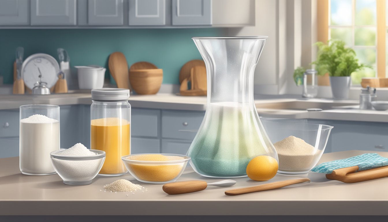 A clear glass filled with baking soda sits on a kitchen counter, surrounded by various baking ingredients and utensils. A timer is set next to the glass