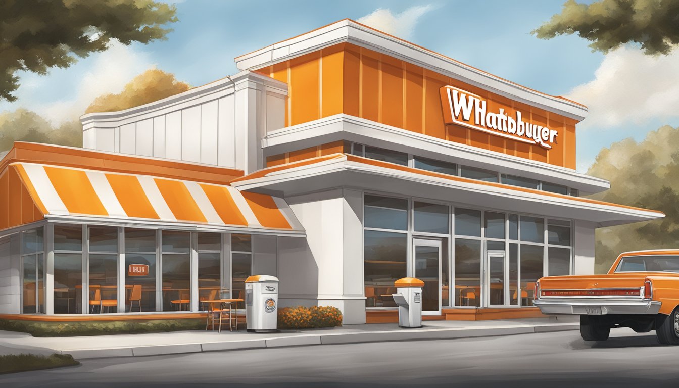 A bustling Whataburger restaurant in North Carolina, with the iconic orange and white striped building and the recognizable logo displayed prominently