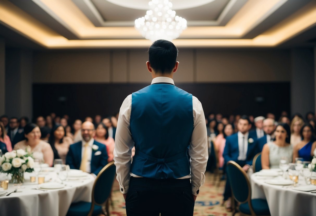 A person standing alone in a crowded room, feeling a sense of isolation and uncertainty after their wedding