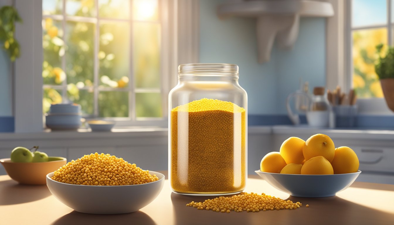 A jar of bee pollen sits on a kitchen counter next to a bowl of fruit. The morning sunlight streams through the window, casting a warm glow on the scene