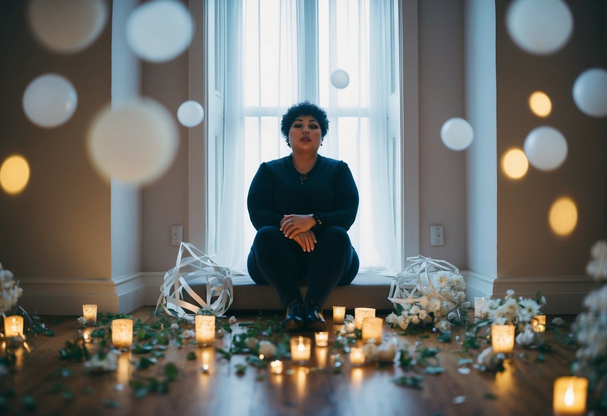A person sitting alone in a dimly lit room, surrounded by scattered wedding decorations, with a distant, contemplative expression on their face