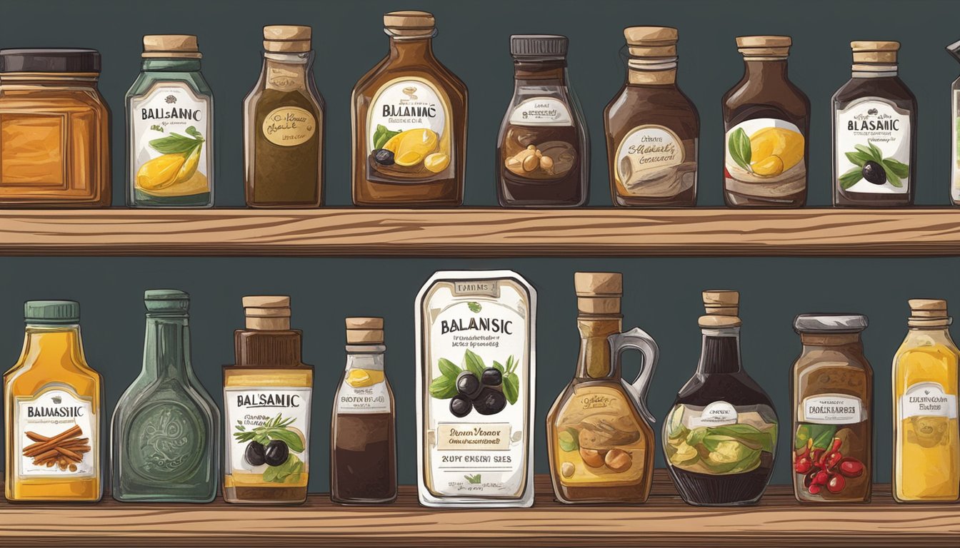 A bottle of balsamic vinegar sits on a kitchen shelf, surrounded by other condiments and spices. The label displays the expiration date