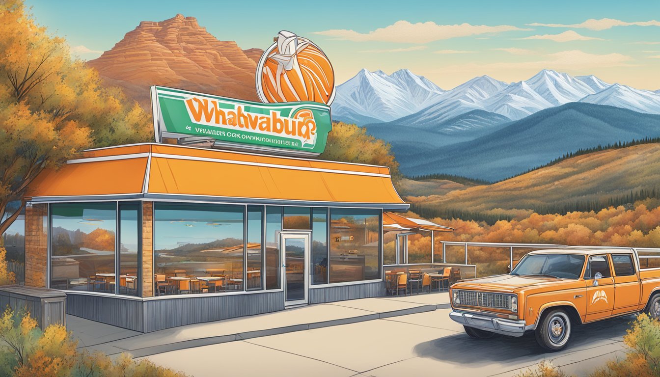 A colorful menu featuring WhatABurger items against a scenic Colorado backdrop