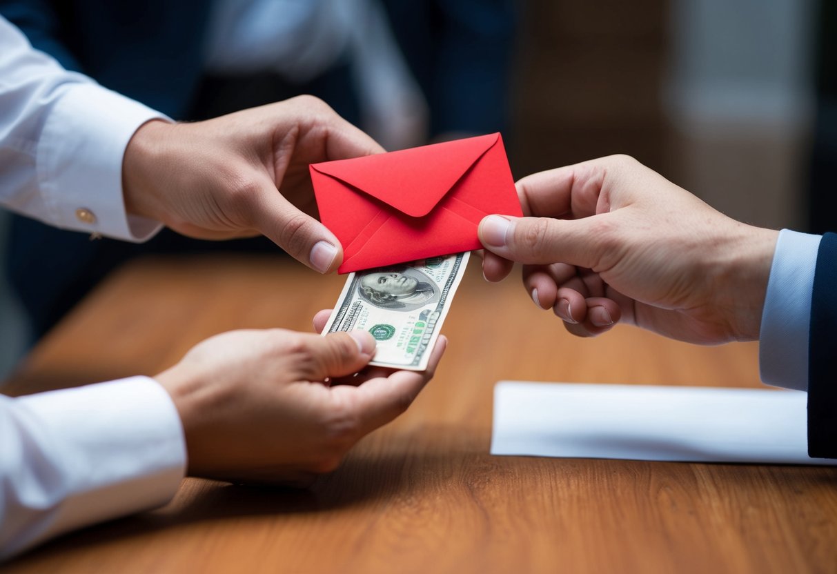 A pair of hands exchanging a red envelope with money inside