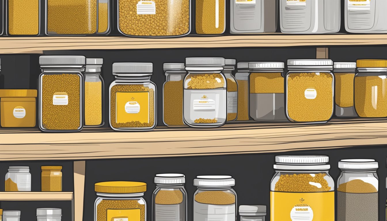 A jar of bee pollen sits on a shelf surrounded by neatly organized storage containers. The label indicates the expiration date