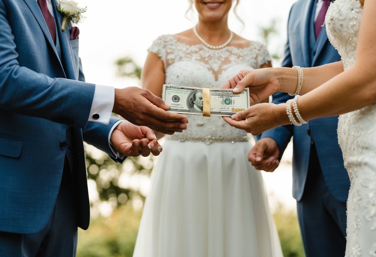 A groom's parents handing over a financial contribution to a couple, symbolizing their support and commitment to the wedding