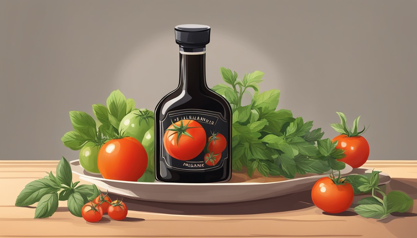 A bottle of balsamic vinegar sits on a kitchen counter, surrounded by fresh herbs and a bowl of ripe, juicy tomatoes