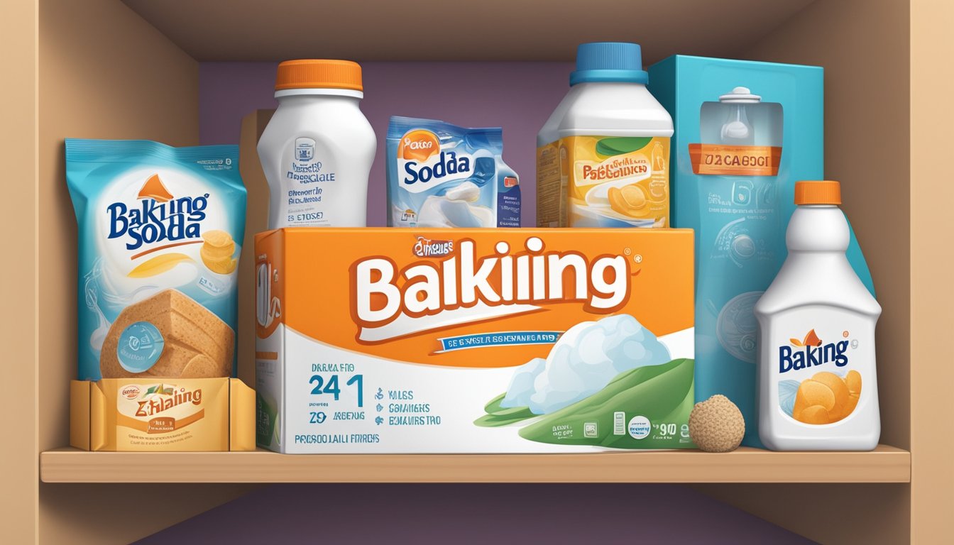 A box of baking soda sits on a shelf, surrounded by various household items. The expiration date is visible on the packaging