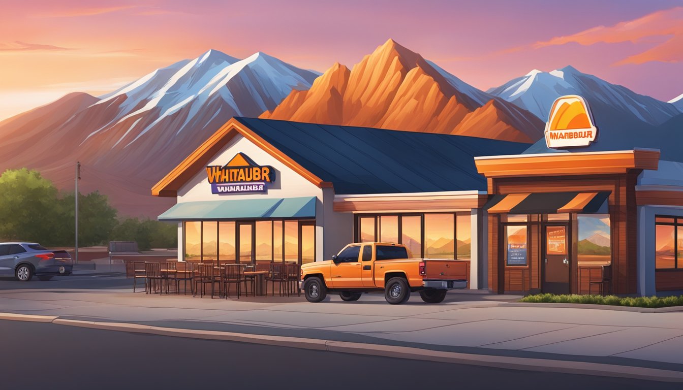 A mountain backdrop frames a Whataburger restaurant nestled in a scenic Colorado town, with outdoor seating and a colorful sunset sky