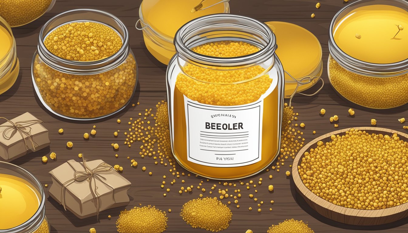 A jar of bee pollen sits on a wooden table, surrounded by scattered honeycombs, beeswax candles, and jars of honey