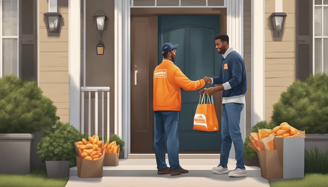 A Whataburger delivery driver handing over a bag of food to a customer at their front door