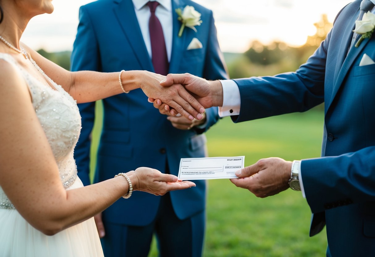 Groom's parents handing over a check or envelope with money to a couple or wedding planner
