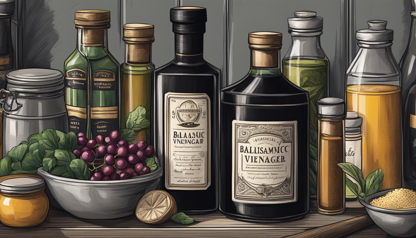 A bottle of balsamic vinegar sits on a shelf in a cool, dark pantry, surrounded by other condiments and spices. The label indicates the date of purchase, and the liquid inside is dark and rich