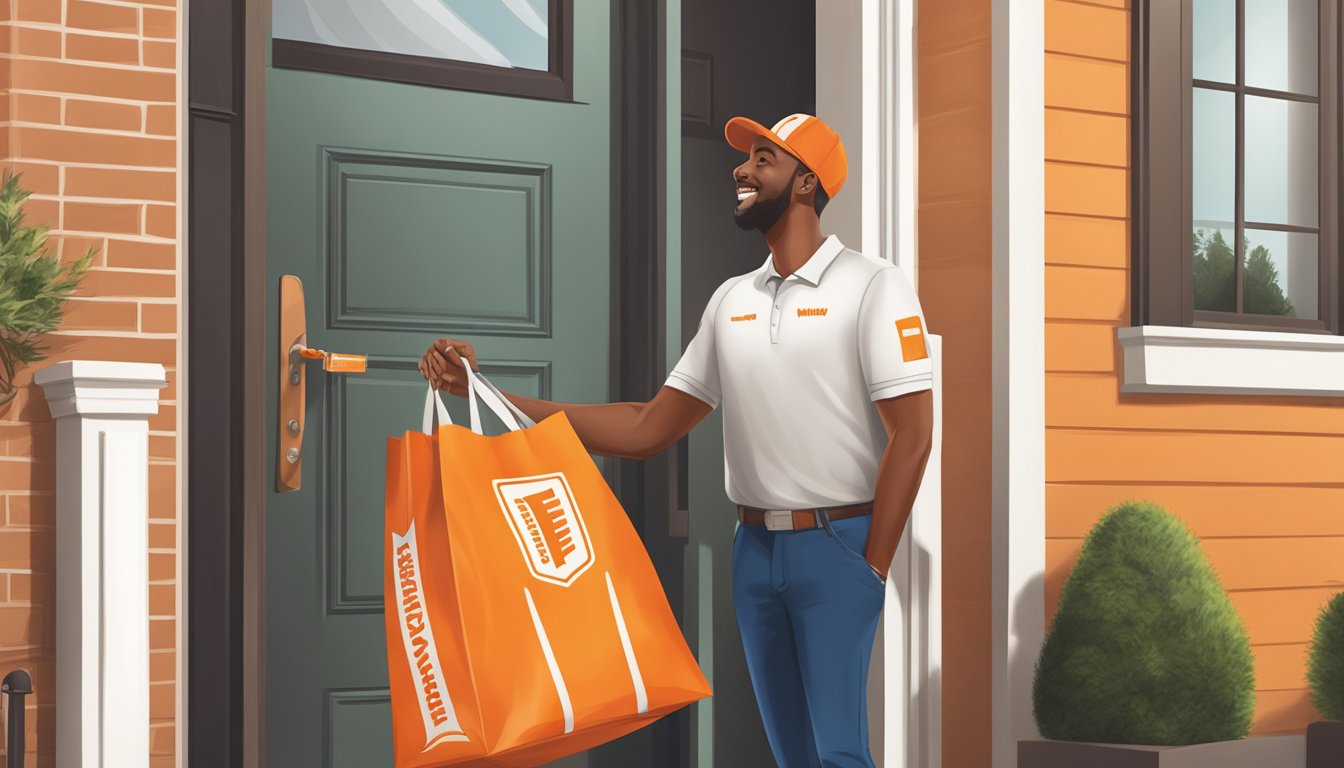 A delivery driver handing a Whataburger bag to a customer at their front door