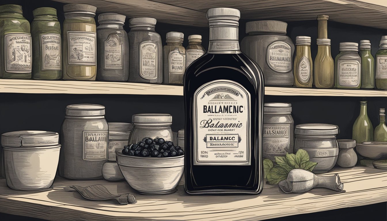 A bottle of balsamic vinegar sits on a kitchen shelf, surrounded by other condiments. The label shows the production date, and the liquid inside has darkened over time