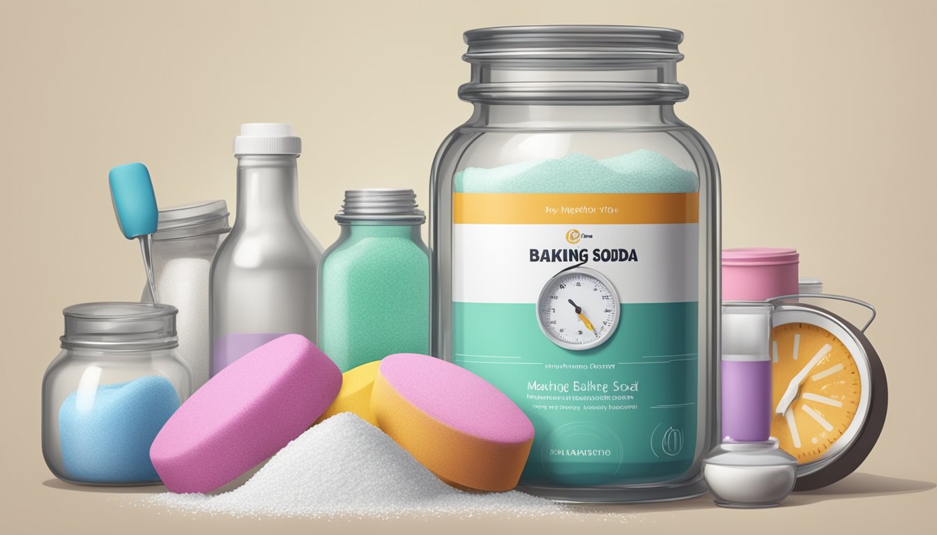 A jar of baking soda sits next to a timer, surrounded by various other compounds