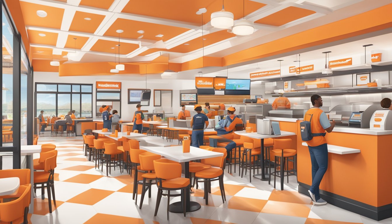 A bustling Whataburger restaurant with employees using digital devices to access the paperless employee system. Tables and chairs fill the space, and the iconic orange and white decor is prominent