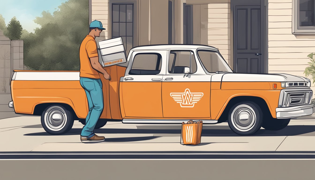 A delivery driver dropping off a bag of Whataburger food at a customer's doorstep, with a promotional flyer for exclusive offers and rewards included