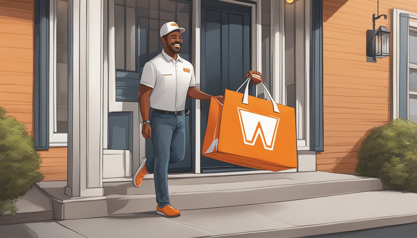 A delivery driver drops off a Whataburger order at a customer's front door, with the iconic orange and white bag in hand