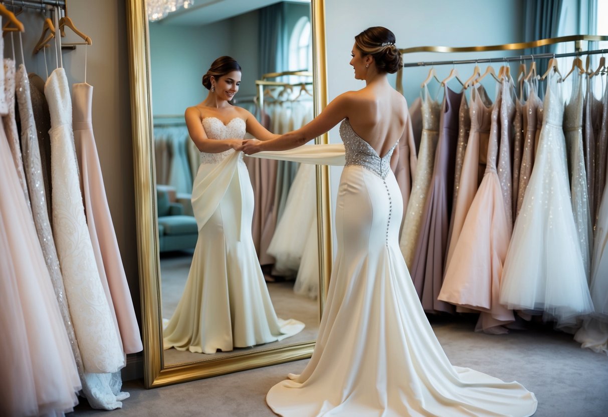 A woman in a flowing, elegant gown stands before a full-length mirror, adjusting the fabric to create a slimming effect. She is surrounded by racks of dresses in a luxurious bridal boutique