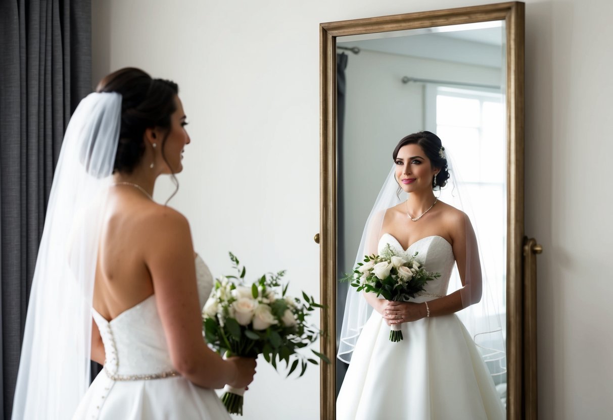 A bride standing in front of a mirror, holding her veil in her hands, with a look of anticipation on her face