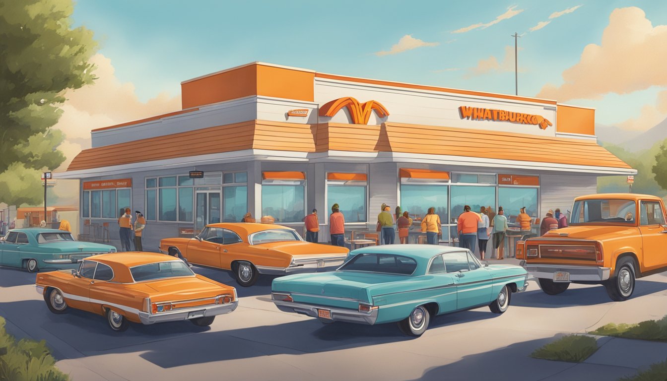 A bustling Whataburger restaurant in Colorado with a line of cars at the drive-thru and people enjoying their meals at outdoor tables