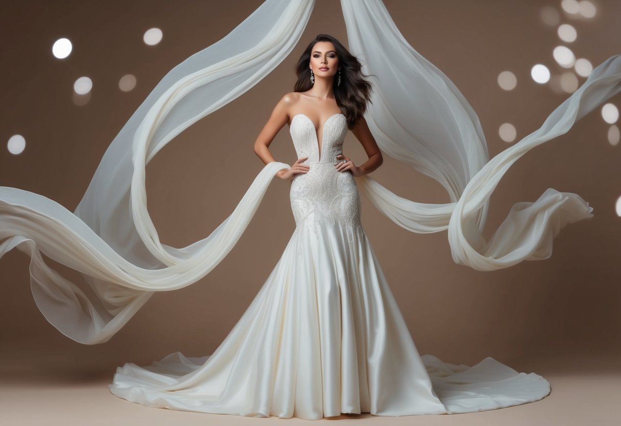 A woman in an elegant gown standing confidently with a flattering silhouette, surrounded by flowing fabrics and stylish accessories
