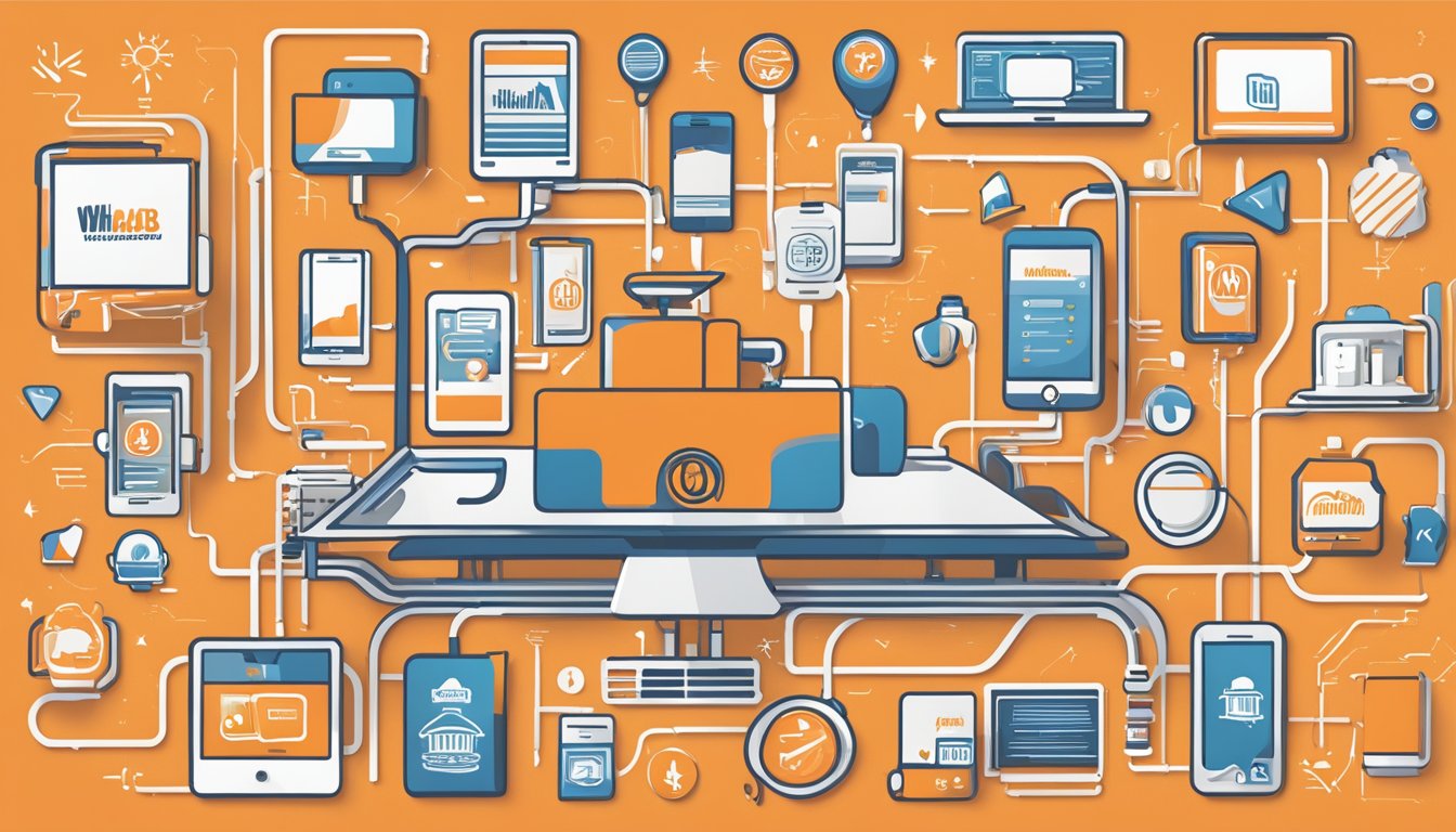 A digital device displaying the Whataburger logo, surrounded by icons representing communication and support services