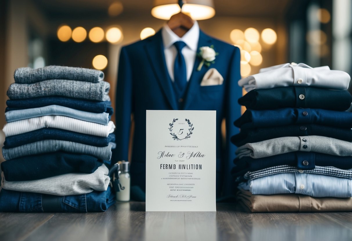 A pile of casual clothing items on one side and a selection of formal attire on the other, with a wedding invitation in the middle