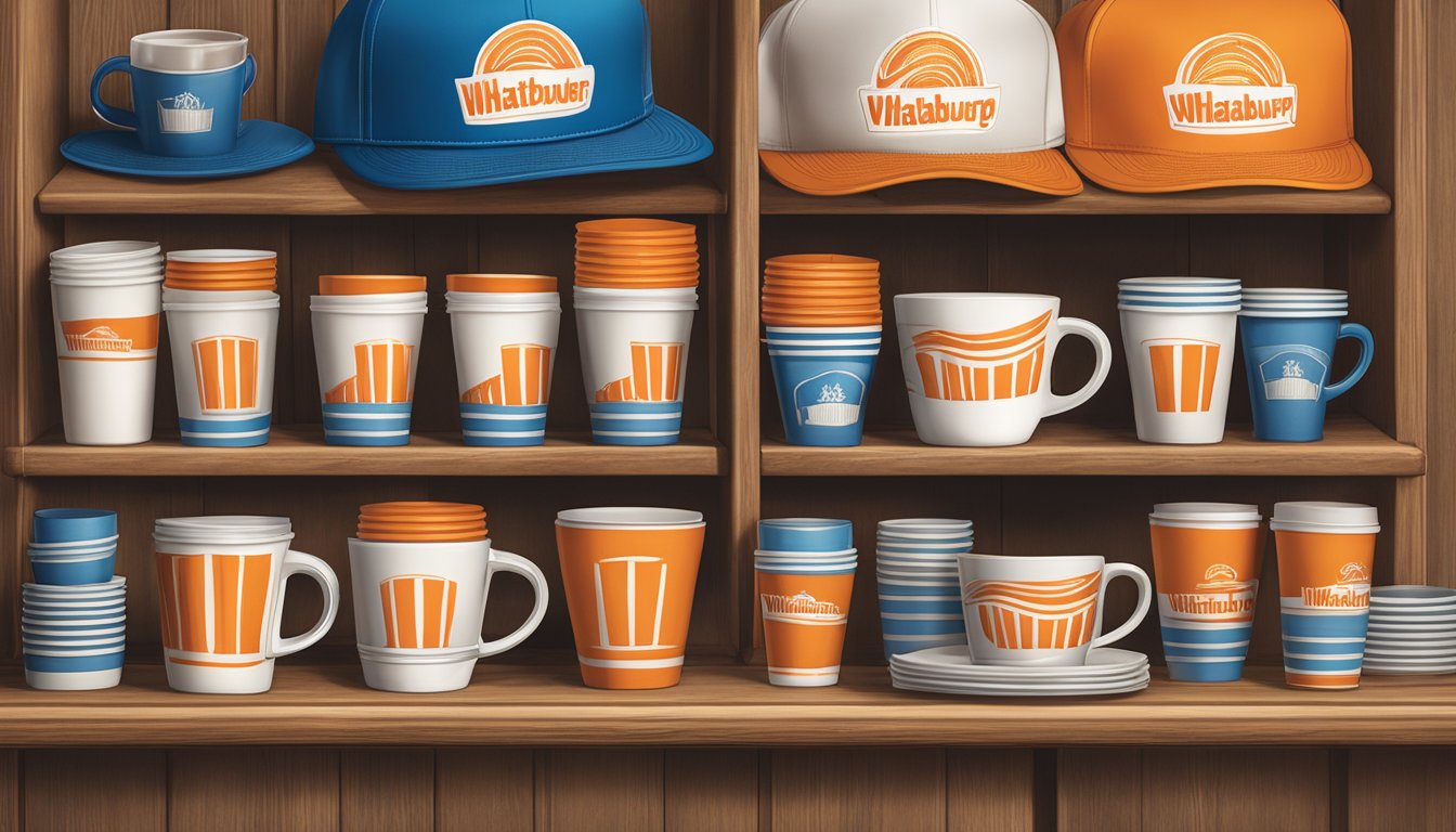 A display of vintage Whataburger merchandise, including cups, hats, and t-shirts, arranged on a wooden shelf