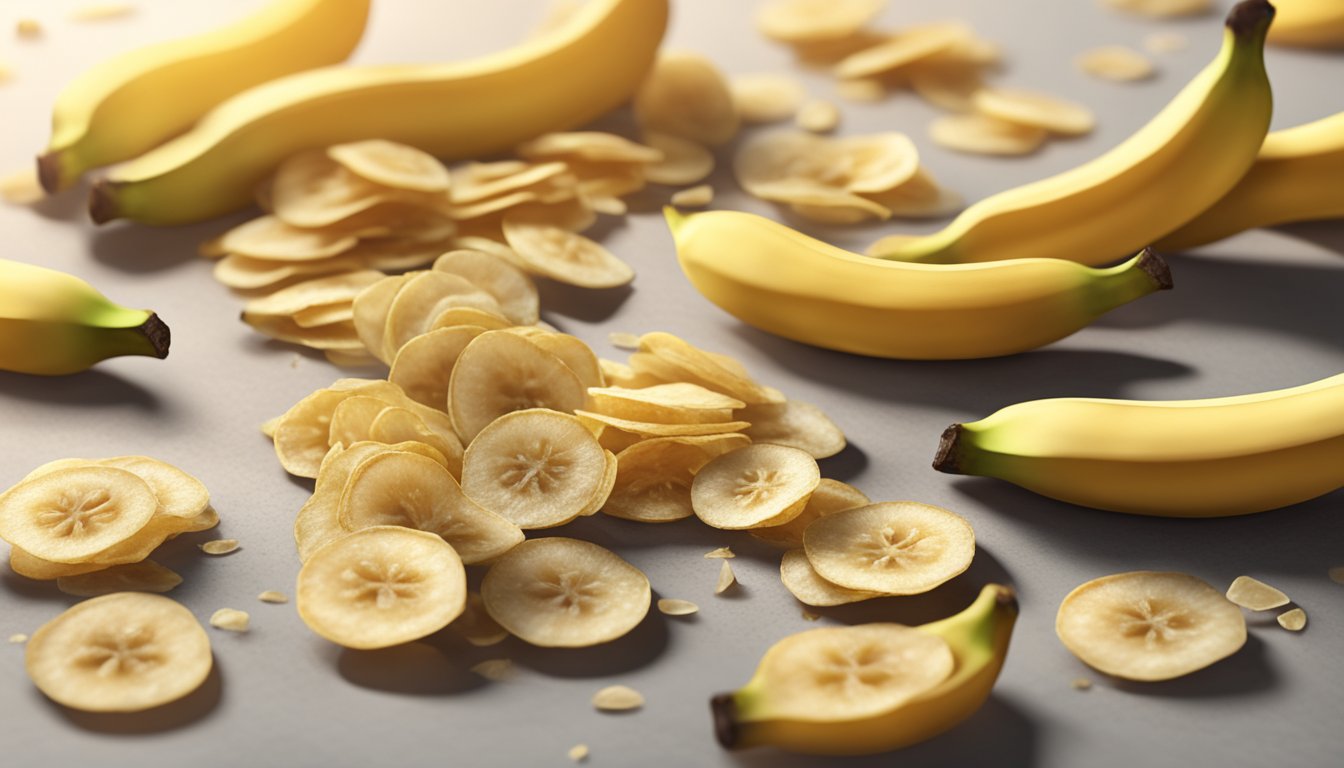 A pile of banana chips sits on a countertop, some turning brown and moldy while others remain golden and crisp