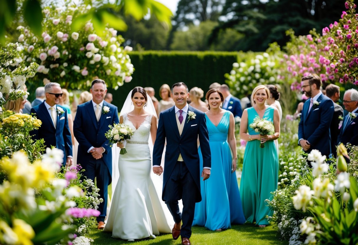 A garden wedding in May 2024, with guests in elegant attire, surrounded by blooming flowers and lush greenery